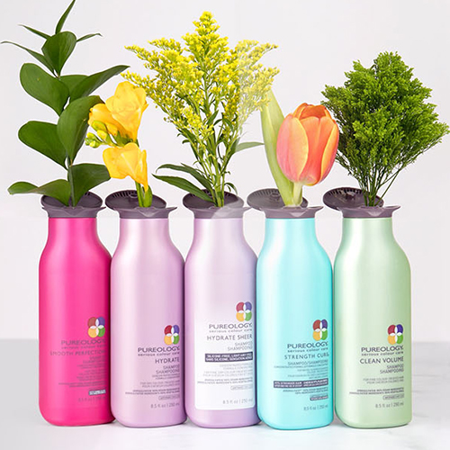 Colorful haircare product lineup in pastel bottles labeled shampoo and conditioner