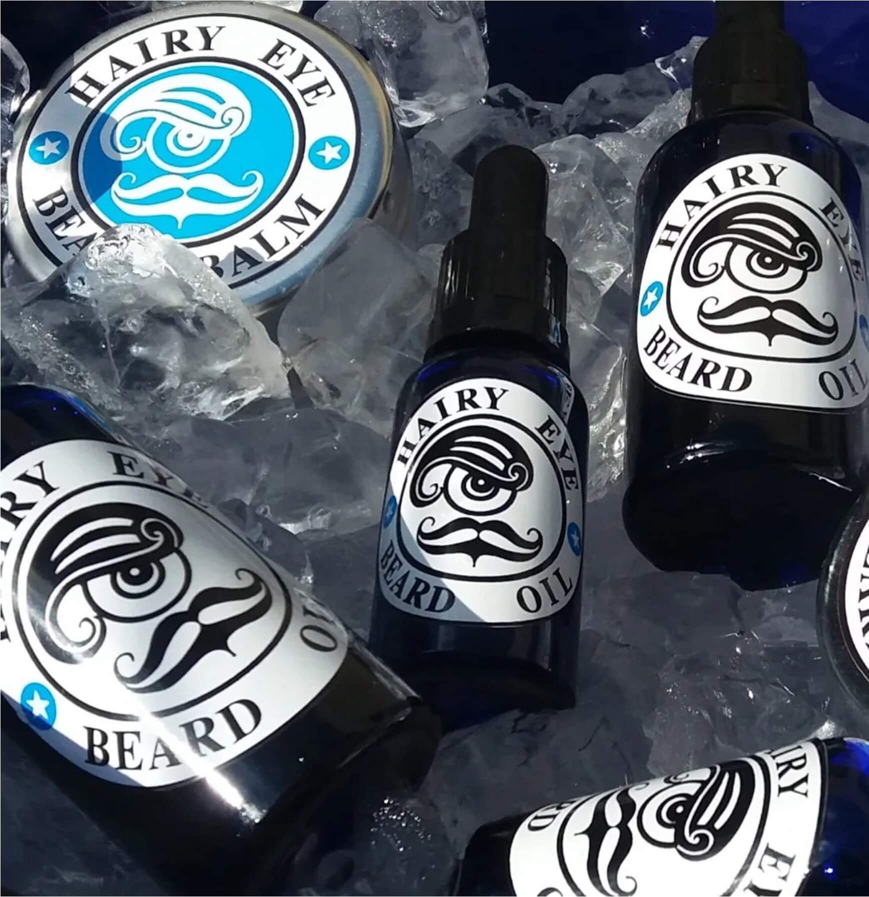 Hairy Eye Beard Oil and Beard Balm products on ice
