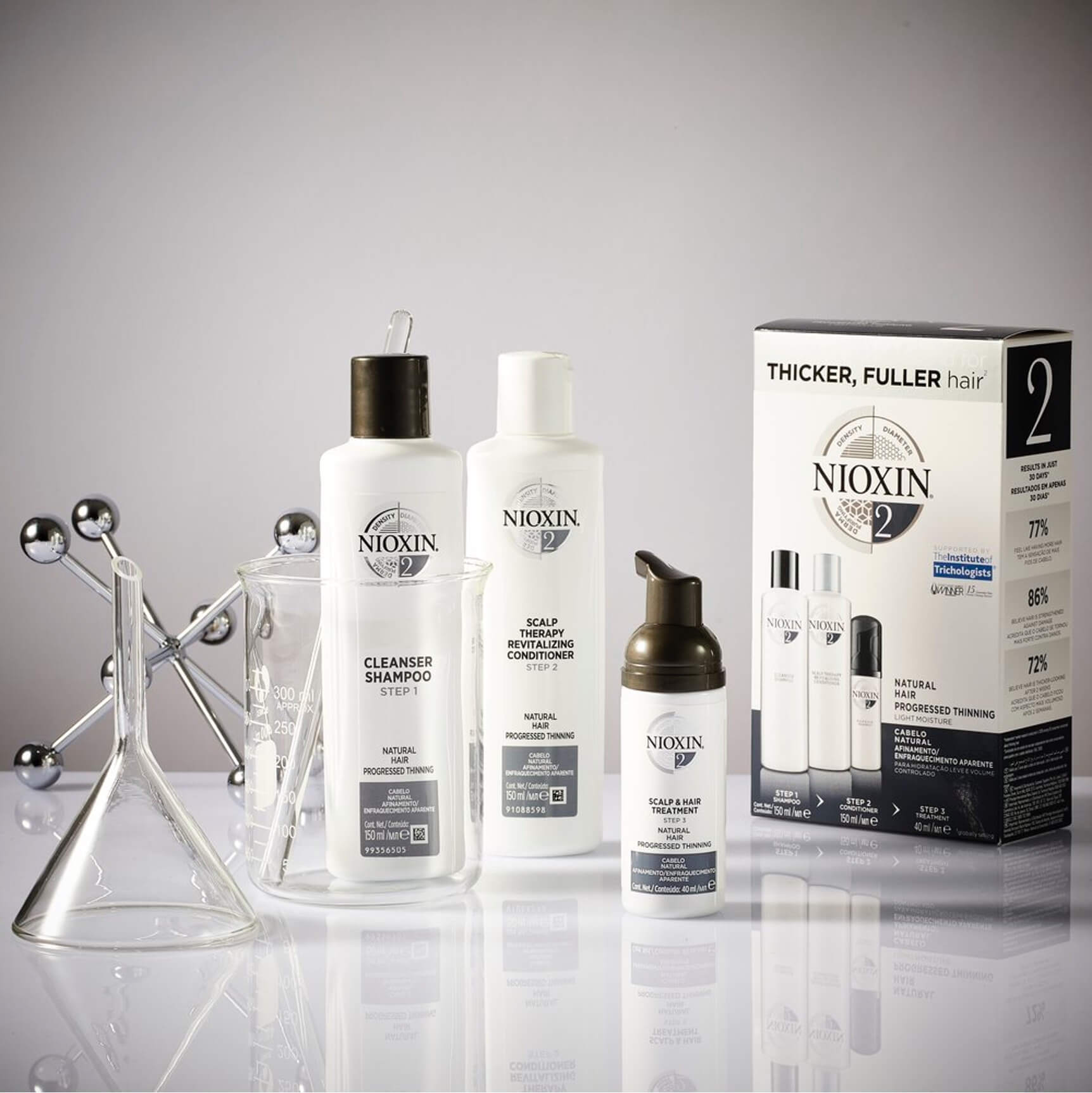 Nioxin System 2 three-step kit for natural hair with progressed thinning, including Cleanser, Scalp Therapy, and Scalp & Hair Treatment