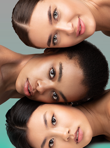 Three young ladies portrait faces lying horisontal