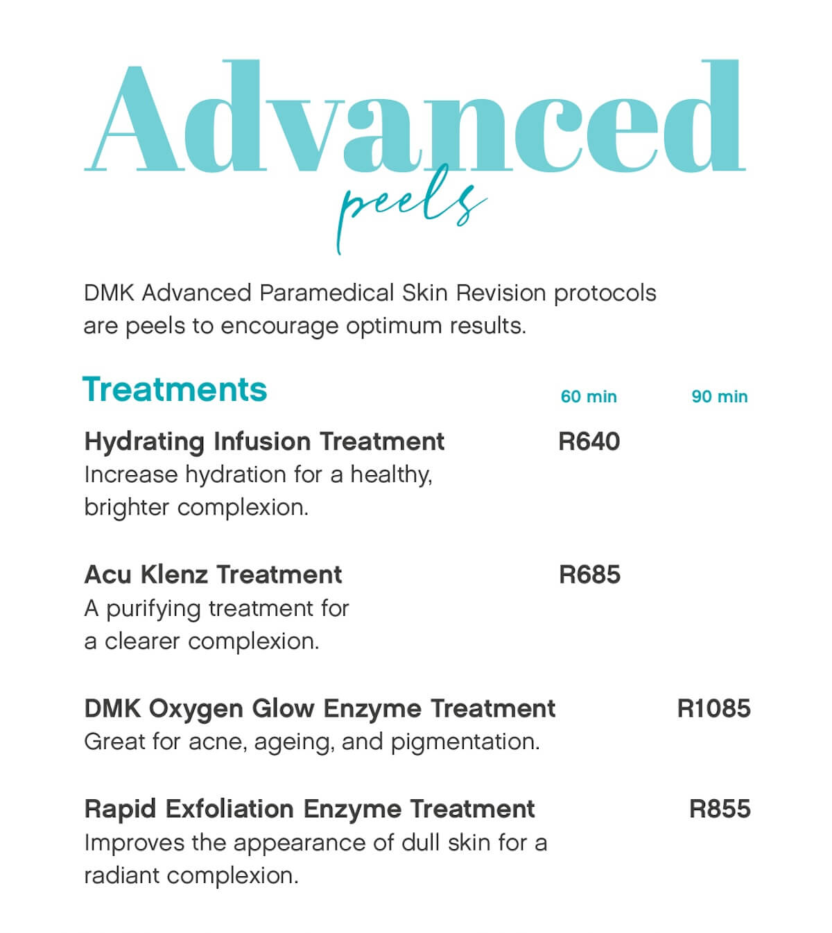 DMK Advanced Peels skincare treatment menu featuring hydrating infusion, acne-clearing, oxygen glow enzyme, and exfoliation facial treatments with pricing