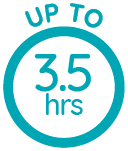 Teal circular badge reading 'Up to 3.5 hrs'.