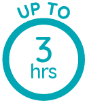 Teal circular badge with the text 'Up to 3 hrs' indicating delivery time.
