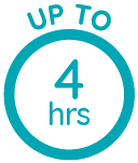 Teal circular badge reading 'UP TO 4 hrs', indicating maximum duration