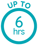 Circular teal badge showing the text 'Up to 6 hrs' (estimated duration)